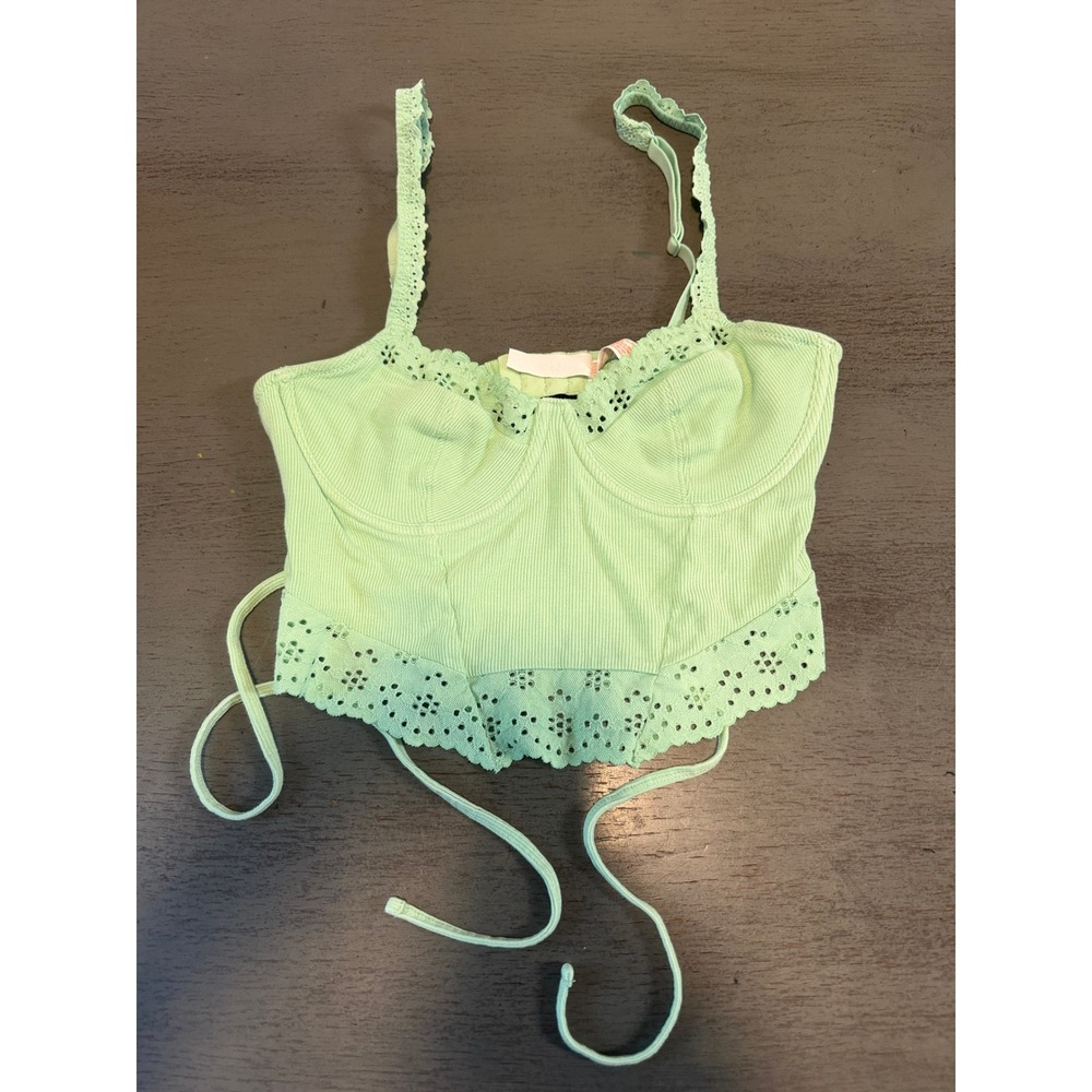 Colsie Mint Green Ribbed Corset Crop Top Eyelet Lace Trim Bustier Small